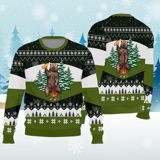Bear Drinking Beer Campfire Ugly Sweatshirts, Christmas Gift For Men Women Kid - Image 8
