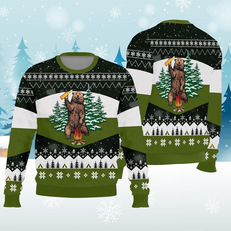 Bear Drinking Beer Campfire Ugly Sweatshirts, Christmas Gift For Men Women Kid - Image 4
