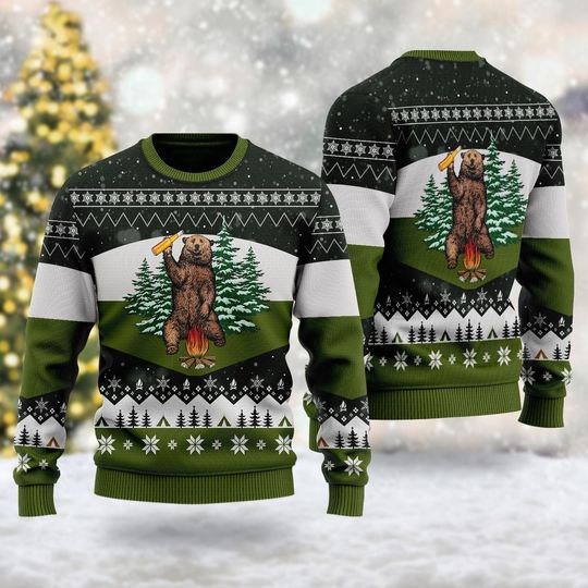 Bear Drinking Beer Campfire Ugly Sweatshirts, Christmas Gift For Men Women Kid - Image 6