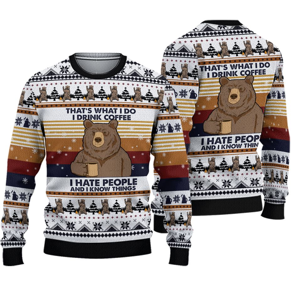 Bear Drinking Coffee Ugly Knitted Christmas 3D Sweater