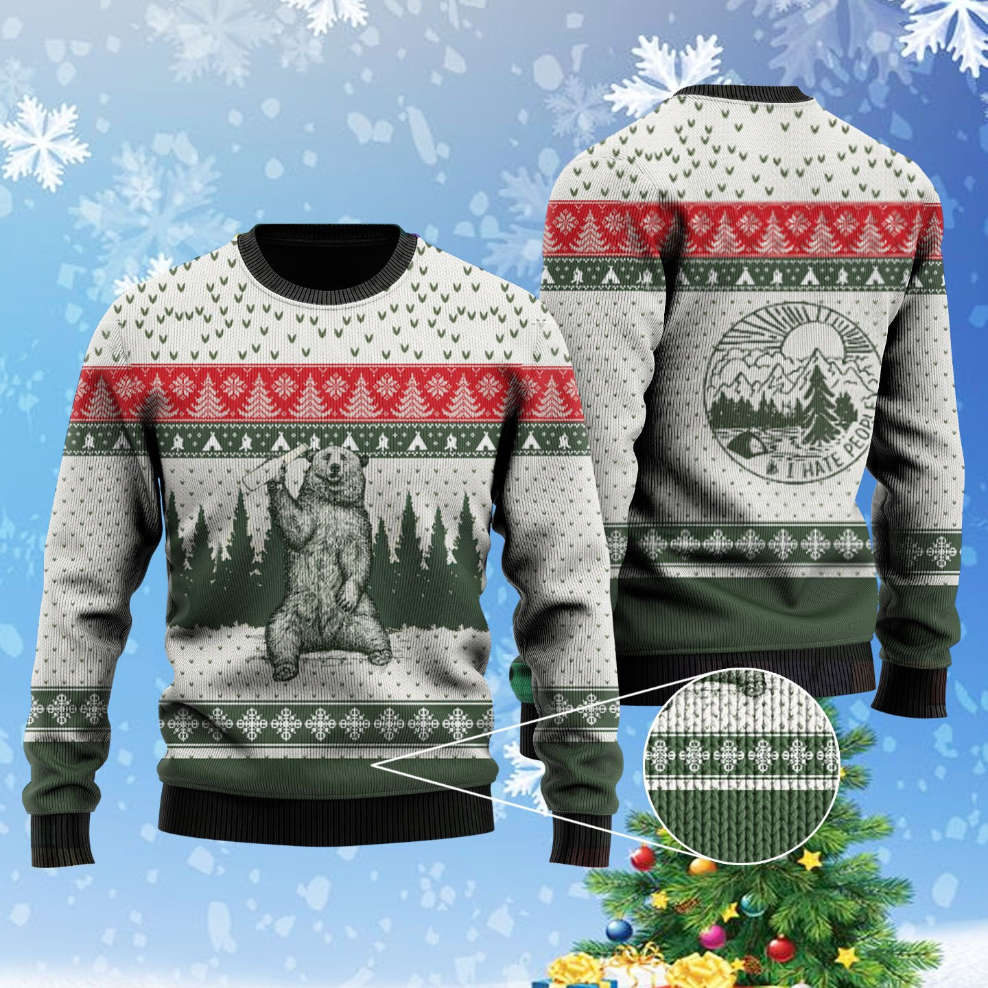 Bear I Hate People Ugly Christmas Sweater Adult 3D Funny Matching for family
