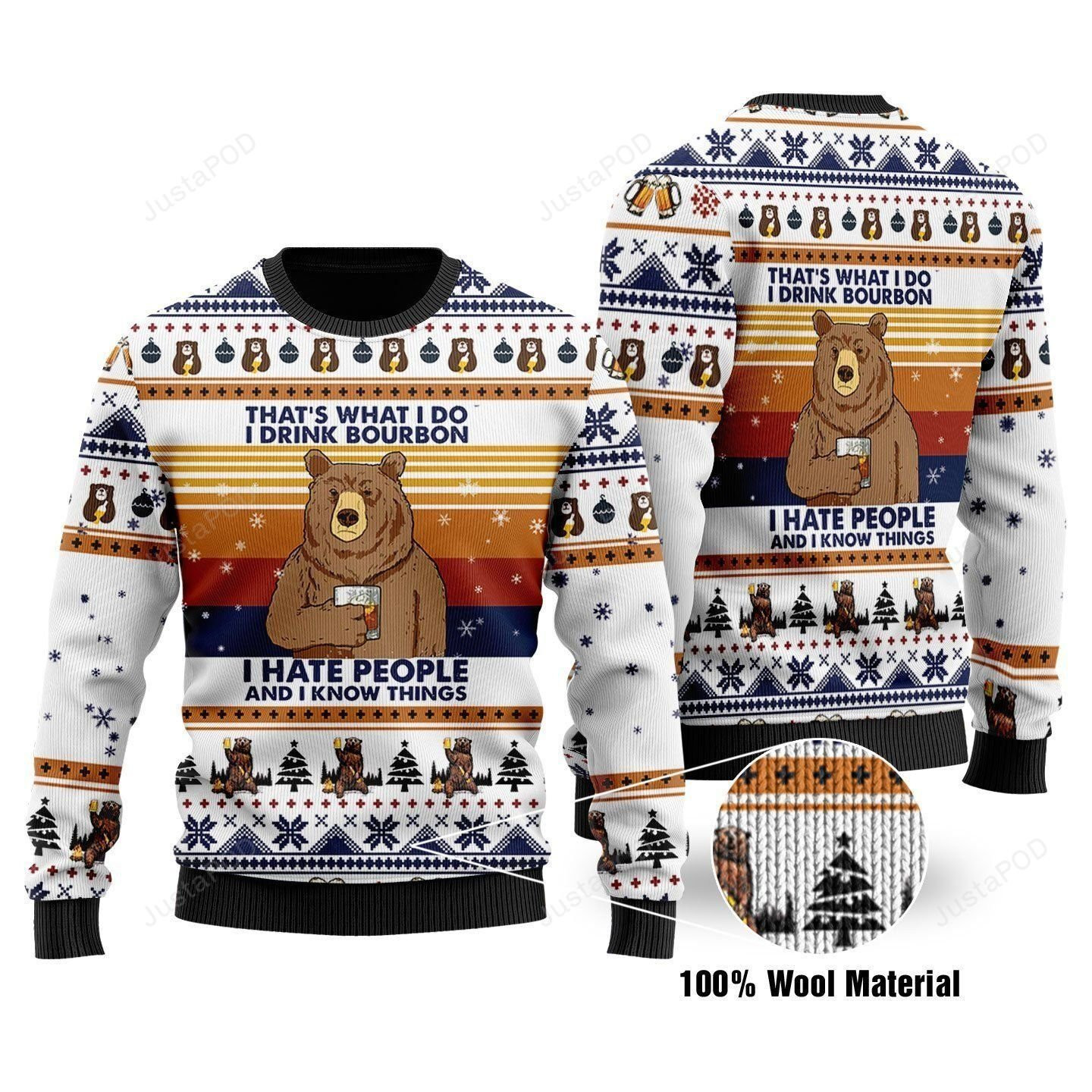 Bear I Hate People Ugly Christmas Sweater Adult 3D Funny Matching for family