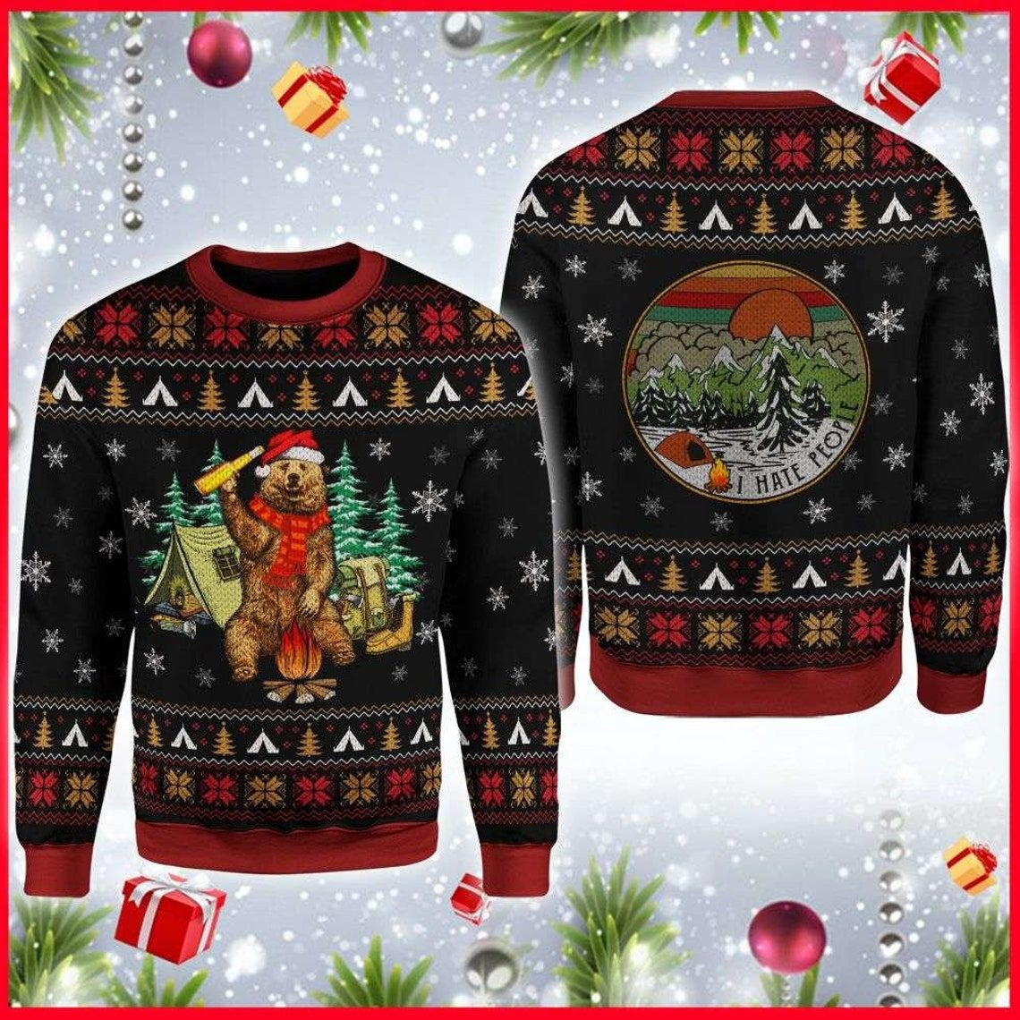 Bear Scarf Camping Ugly Christmas Sweater Adult 3D Funny Matching for family