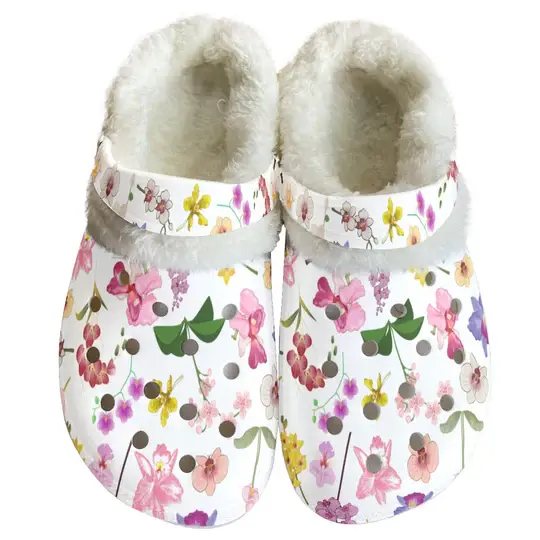 Beautiful Cozy Orchid Flower Crocs Crocband Fleece Lined Clogs Shoes Comfortable For Men Women and Kids In Winter