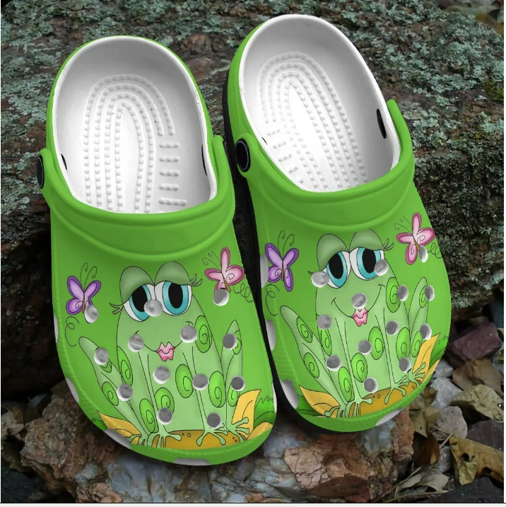 Beautiful Green Frog And Colorful Butterflies Crocs Crocband Clogs Shoes Comfortable For Men Women and Kids