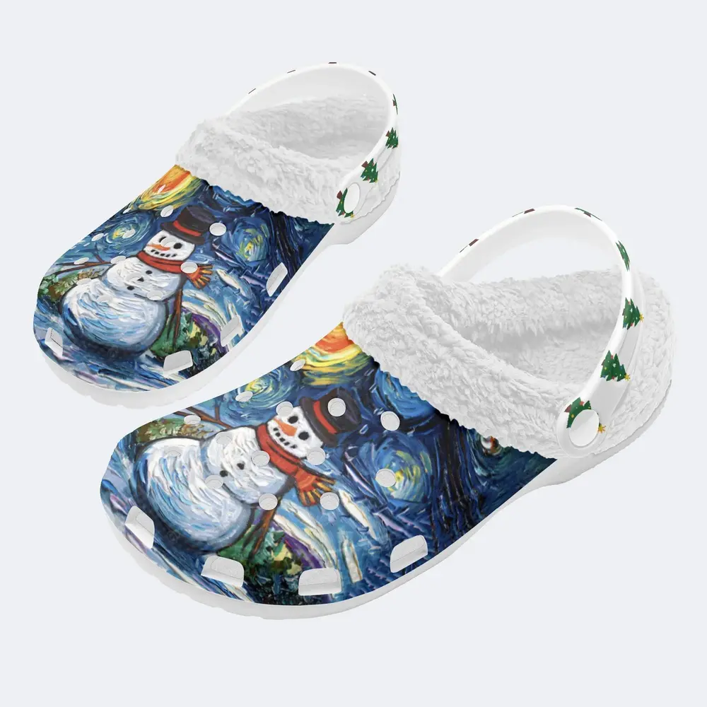 Beautiful Snowman The Starry Night Christmas Crocs Crocband Fleece Lined Clogs Shoes Comfortable For Men Women and Kids In Winter
