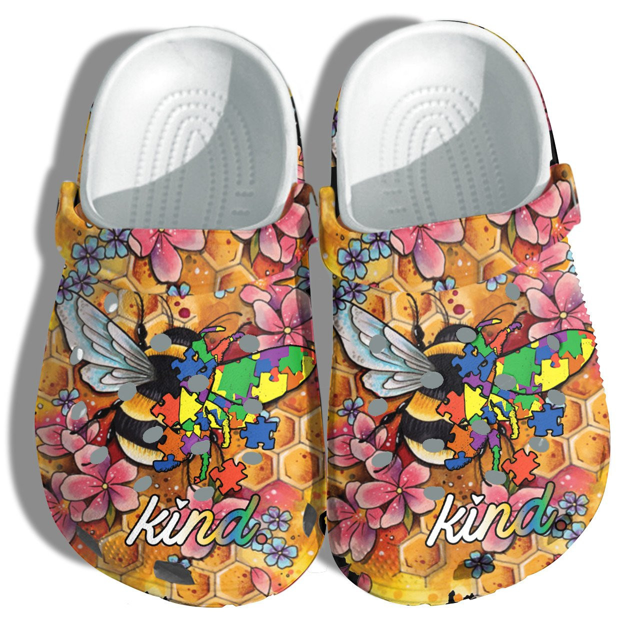 Bee Kind Flower Autism Puzzel Shoes Vintage - Autism Awareness Be Kind Shoes Croc Clogs