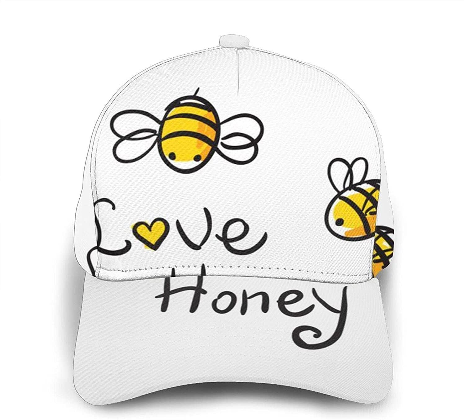 Bee Love Honey Print Classic Baseball 3D Cap Adjustable Twill Sports Dad Hats For Unisex Trucker Hats Custom Hats Gifts For Men & Women