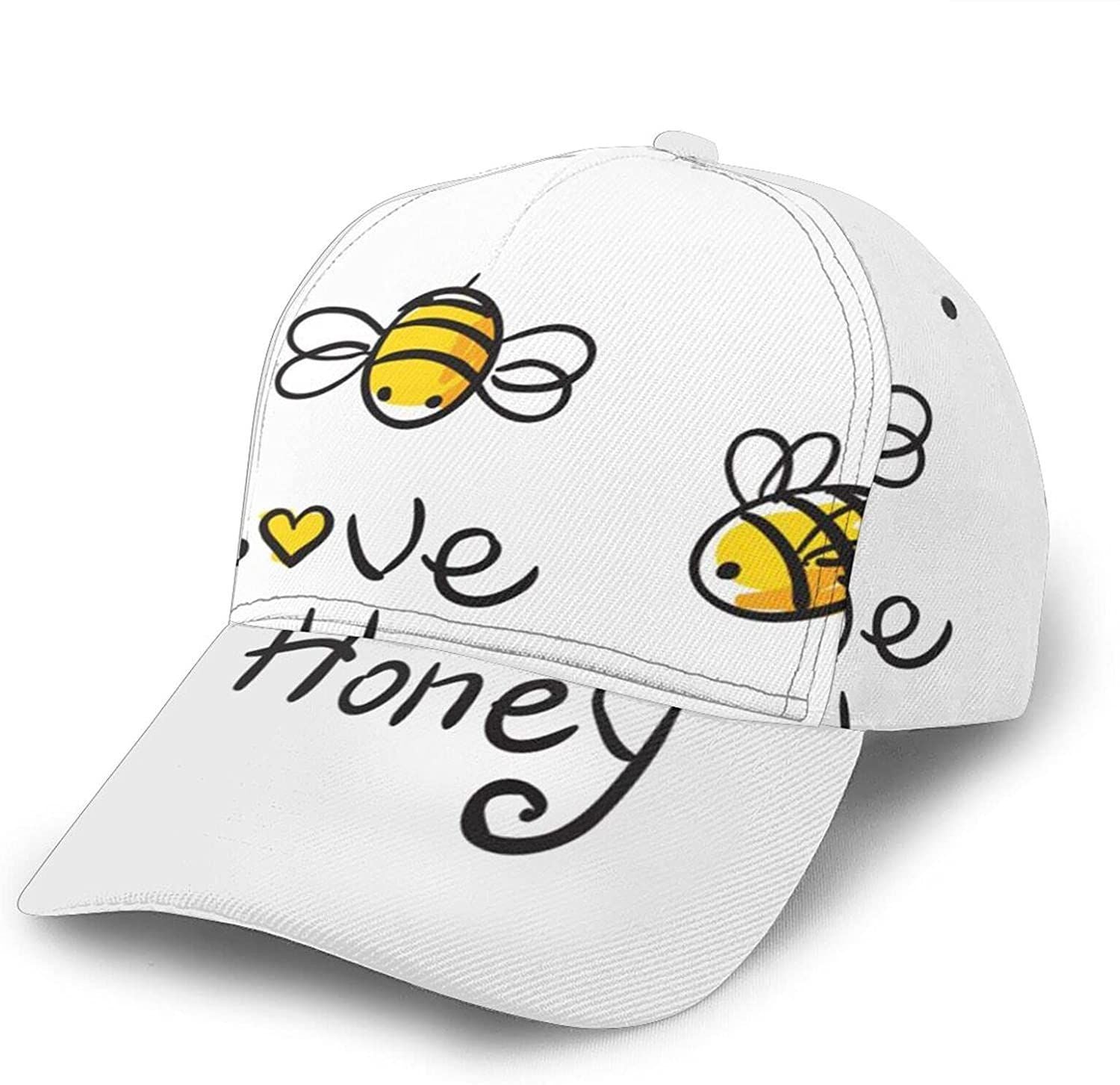 Bee Love Honey Print Classic Baseball 3D Cap Adjustable Twill Sports Dad Hats For Unisex Trucker Hats Custom Hats Gifts For Men & Women