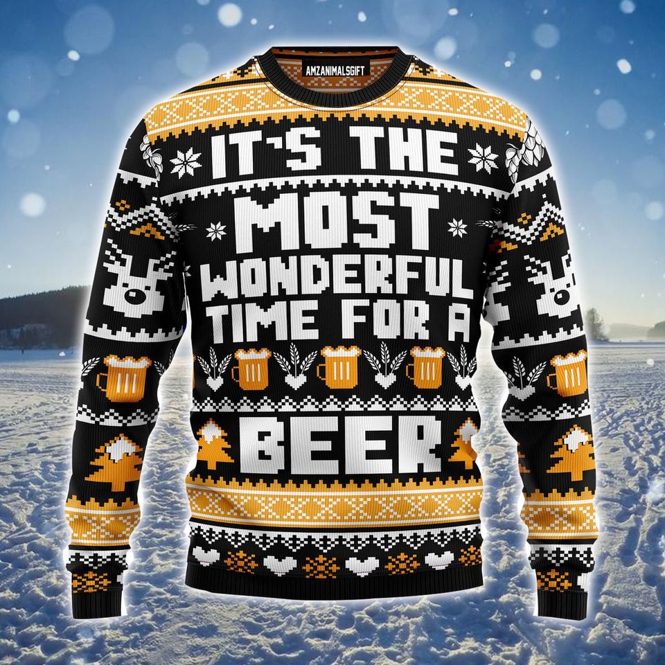 Beer Merry Christmas Ugly Christmas Sweater, Wonderful Time For A Beer Ugly Sweater