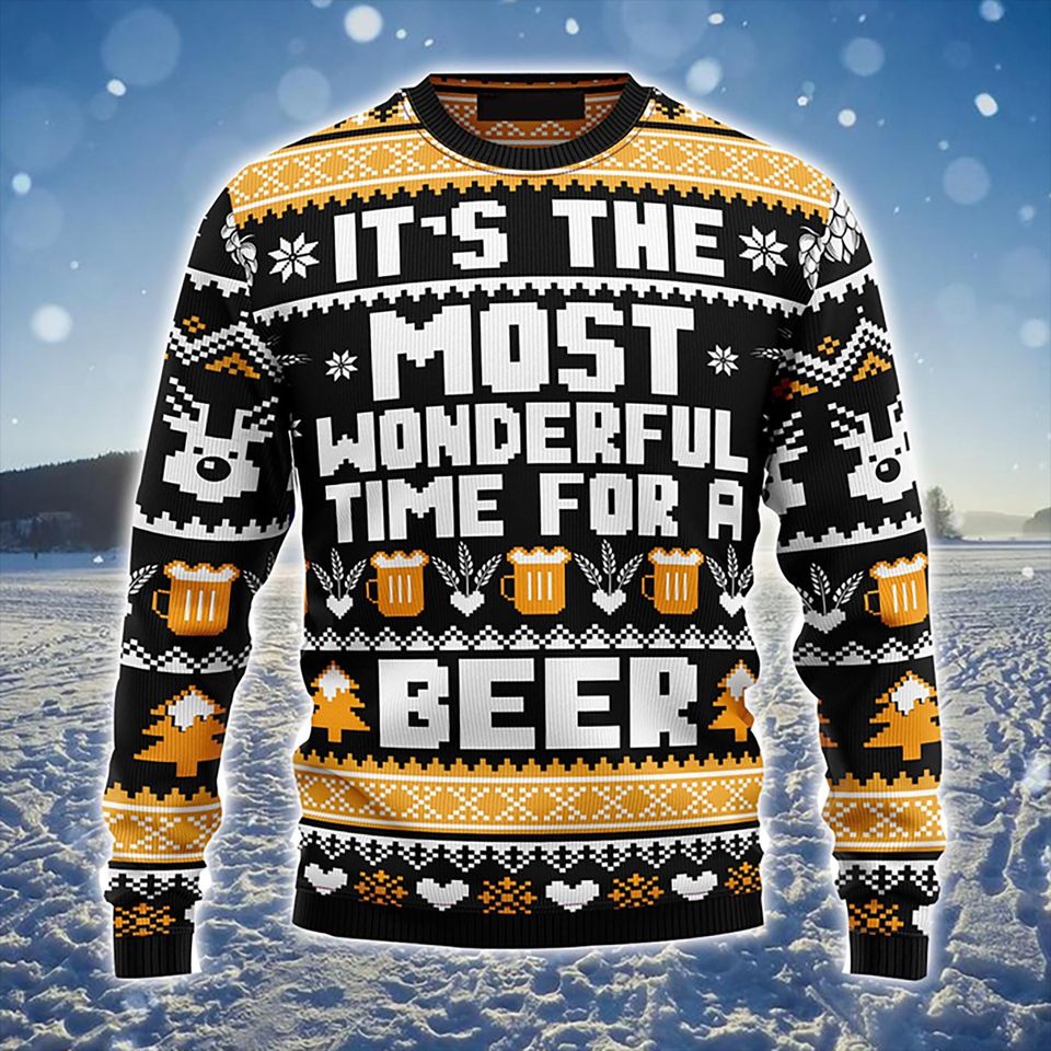 Beer Merry Christmas Ugly Christmas Sweater, Wonderful Time For A Beer Ugly Sweater, Perfect Gift For Beer Lovers