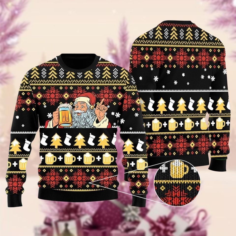 Beer Santa Ugly Christmas Sweater, Funny Santa Drinking Xmas Ugly Sweatshirt - Image 2