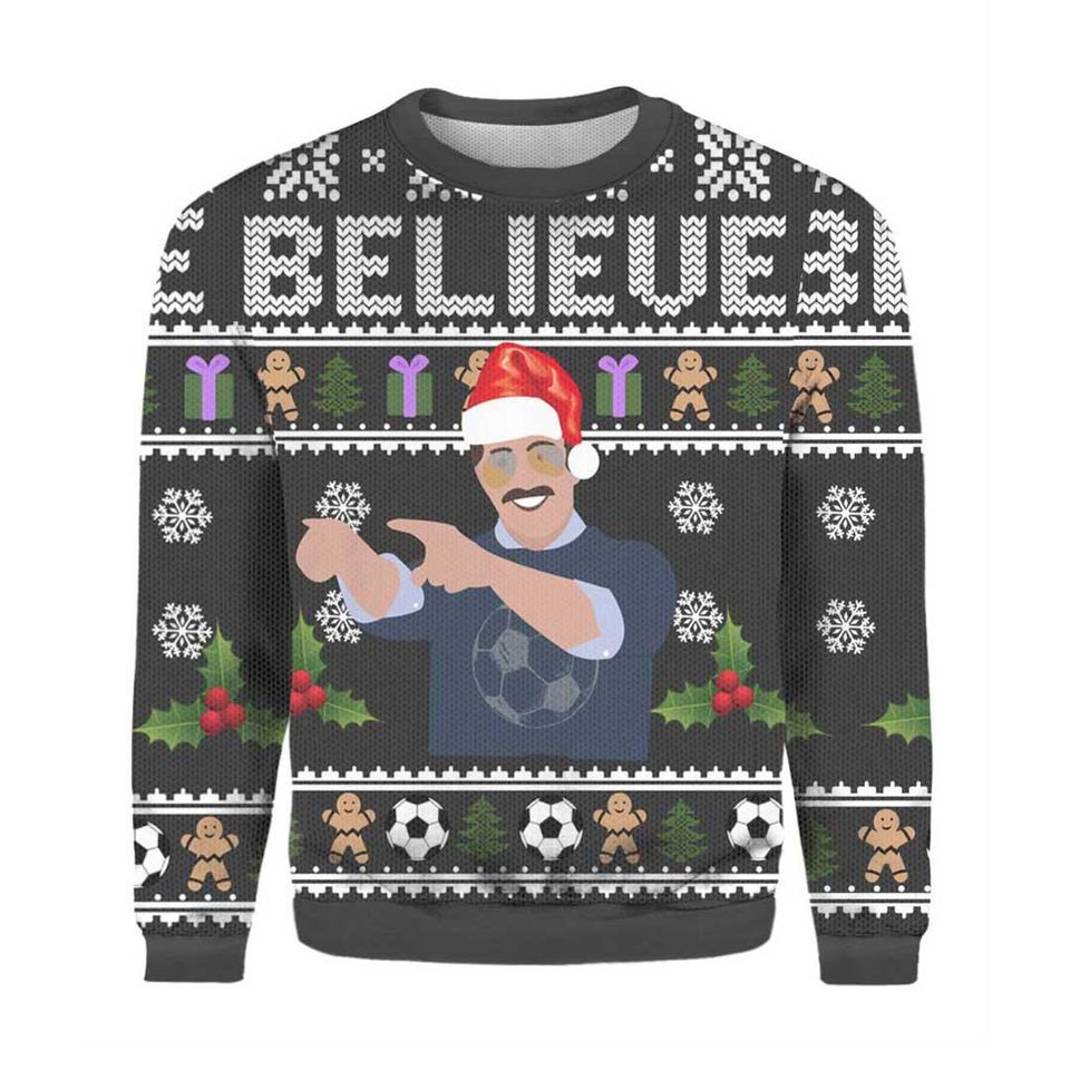 Believe Ted La.sso Ugly Sweater Knitted, Holiday TV Show Ugly Christmas Sweater