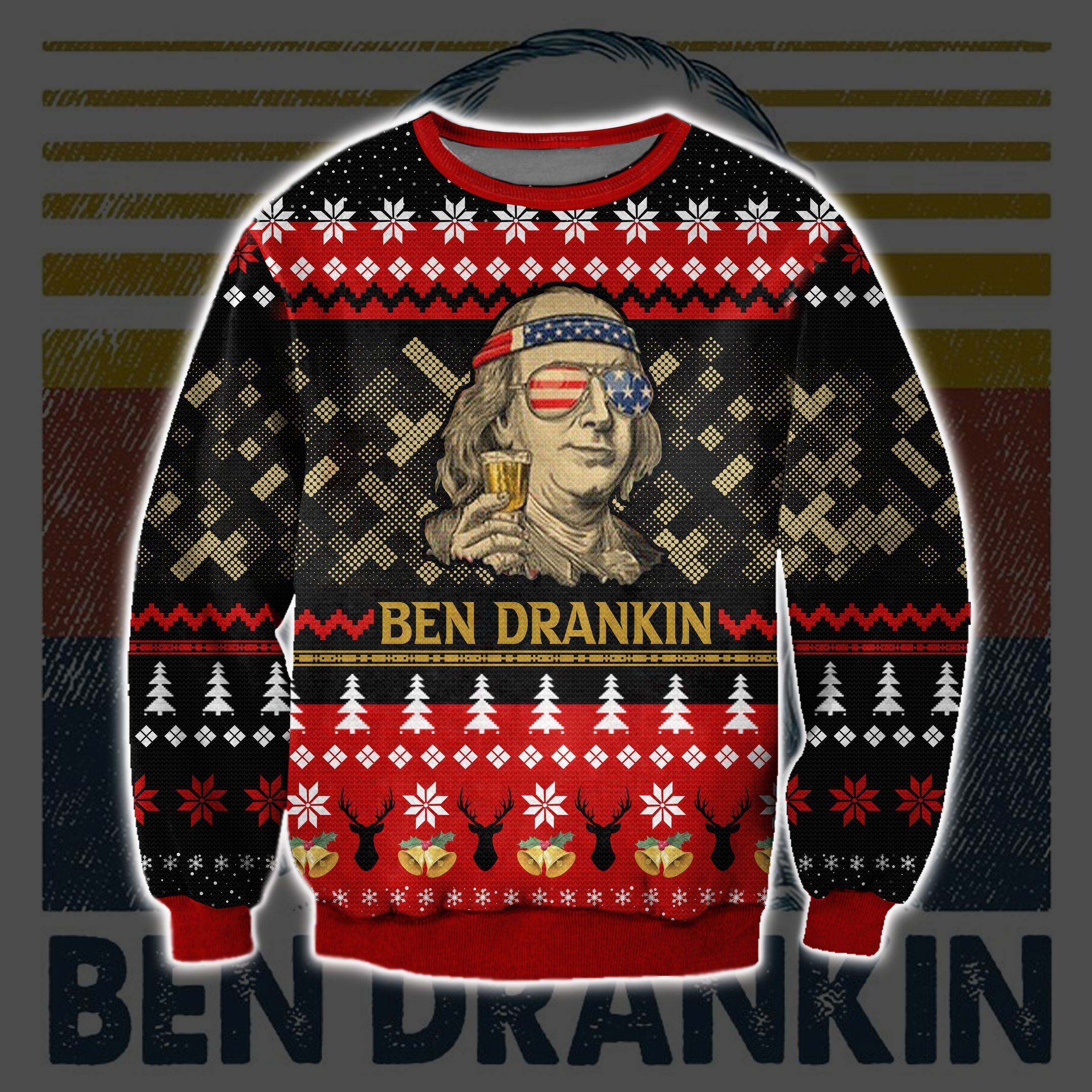 Ben Drankin 3D Print Knitting Pattern Ugly Christmas Sweater Adult 3D Funny Matching for family
