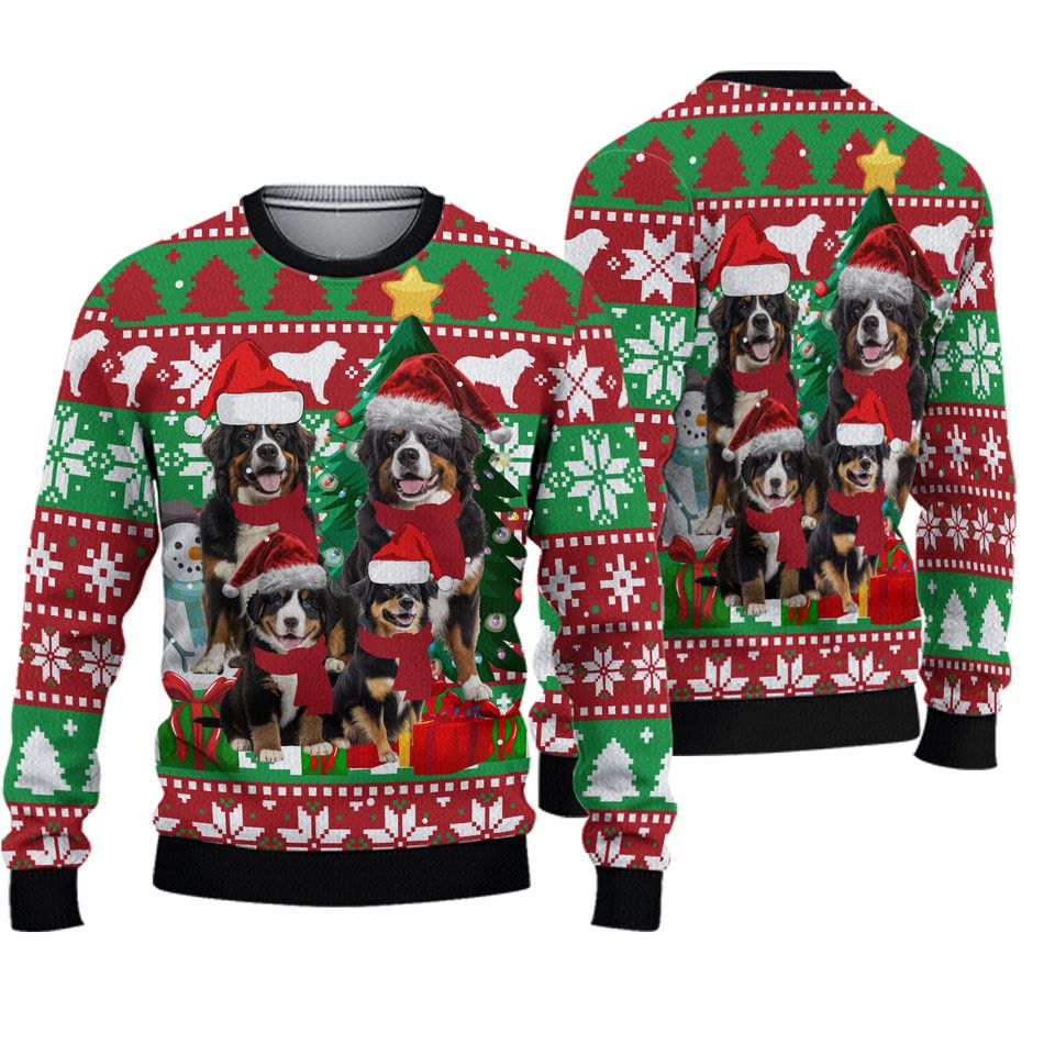 Bernese Mountain Dog Family Ugly Christmas Sweater, Christmas 3D Sweaters