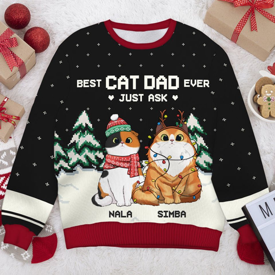 Best Cat Dad Ever Just Ask Xmas Custom Father Gift Personalized Unisex Wool Ugly Christmas Sweatshirt