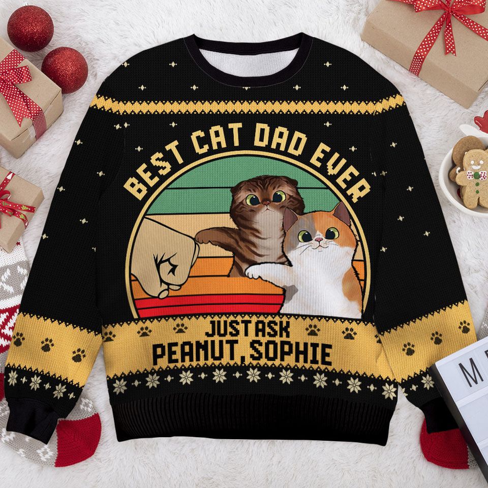 Best Cat Dad Ever Just Ask Your Cats Pet Owner Father's Day Personalized Custom Unisex Wool Ugly Christmas Sweatshirt