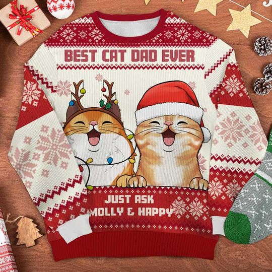 Best Cat Dad Ever - Personalized Custom Unisex Ugly Christmas Sweatshirt - Gift For Cat Lovers, Pet Lovers - Image 6