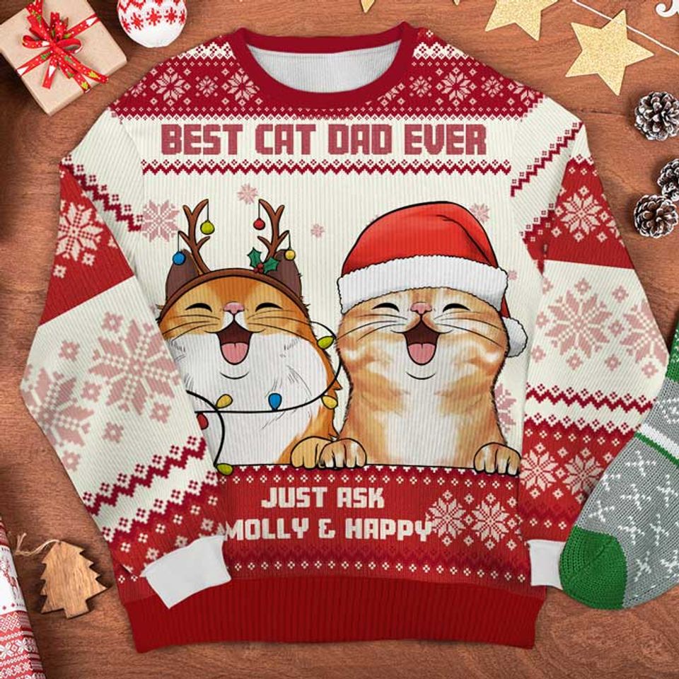 Best Cat Dad Ever - Personalized Custom Unisex Ugly Christmas Sweatshirt - Gift For Cat Lovers, Pet Lovers - Image 3