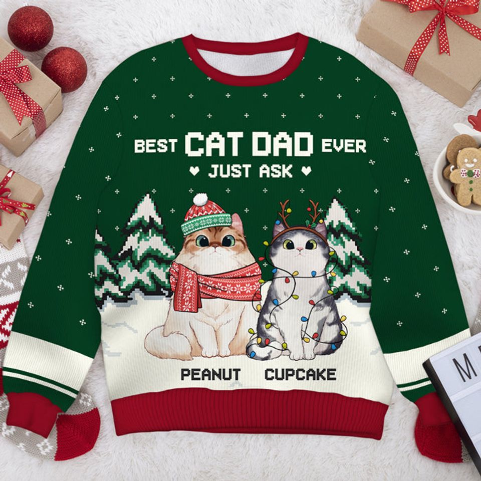 Best Cat Dad Ever - Personalized Unisex Ugly Christmas Sweatshirt - Gift For Cat Lovers, Pet Lovers, Christmas New Arrival Gift