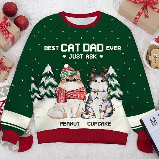 Best Cat Dad Ever - Personalized Unisex Ugly Christmas Sweatshirt - Gift For Cat Lovers, Pet Lovers, Christmas New Arrival Gift - Image 3