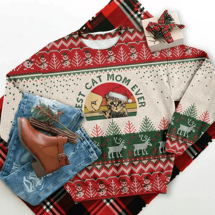 Best Cat Ever Ugly Christmas Sweater Adult 3D Funny Matching for family