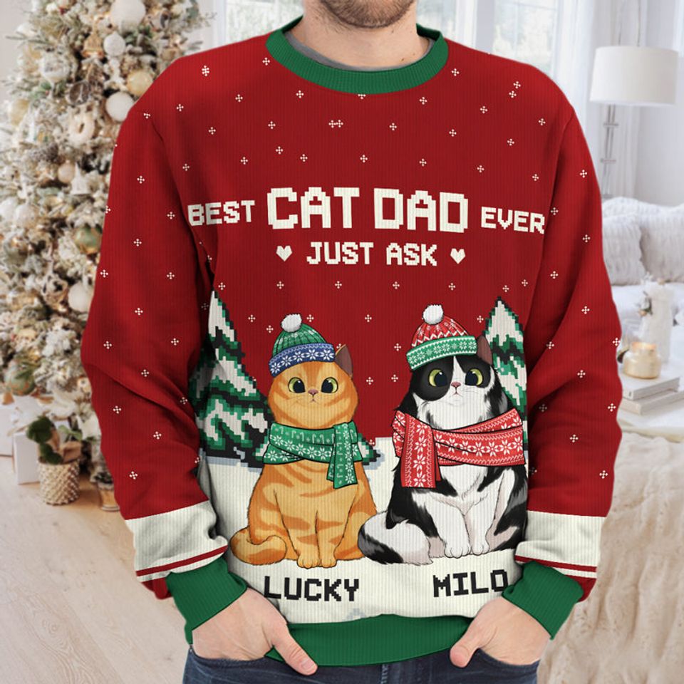 Best Cat Mom & Cat Dad Ever - Personalized Custom Unisex Ugly Christmas Sweatshirt - Image 5