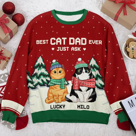 Best Cat Mom & Cat Dad Ever - Personalized Custom Unisex Ugly Christmas Sweatshirt - Image 6