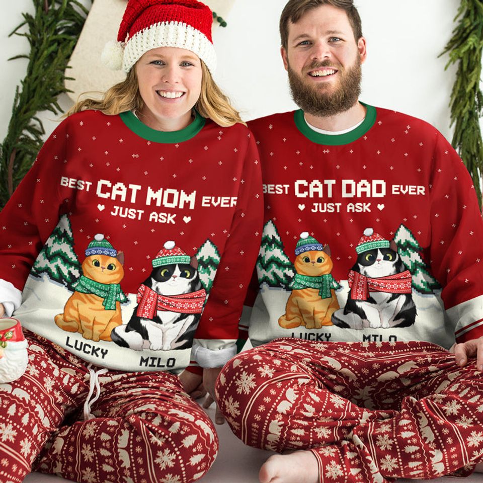 Best Cat Mom & Cat Dad Ever - Personalized Custom Unisex Ugly Christmas Sweatshirt - Image 3