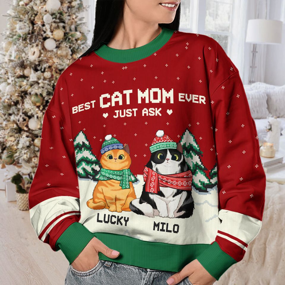 Best Cat Mom & Cat Dad Ever - Personalized Custom Unisex Ugly Christmas Sweatshirt - Image 4