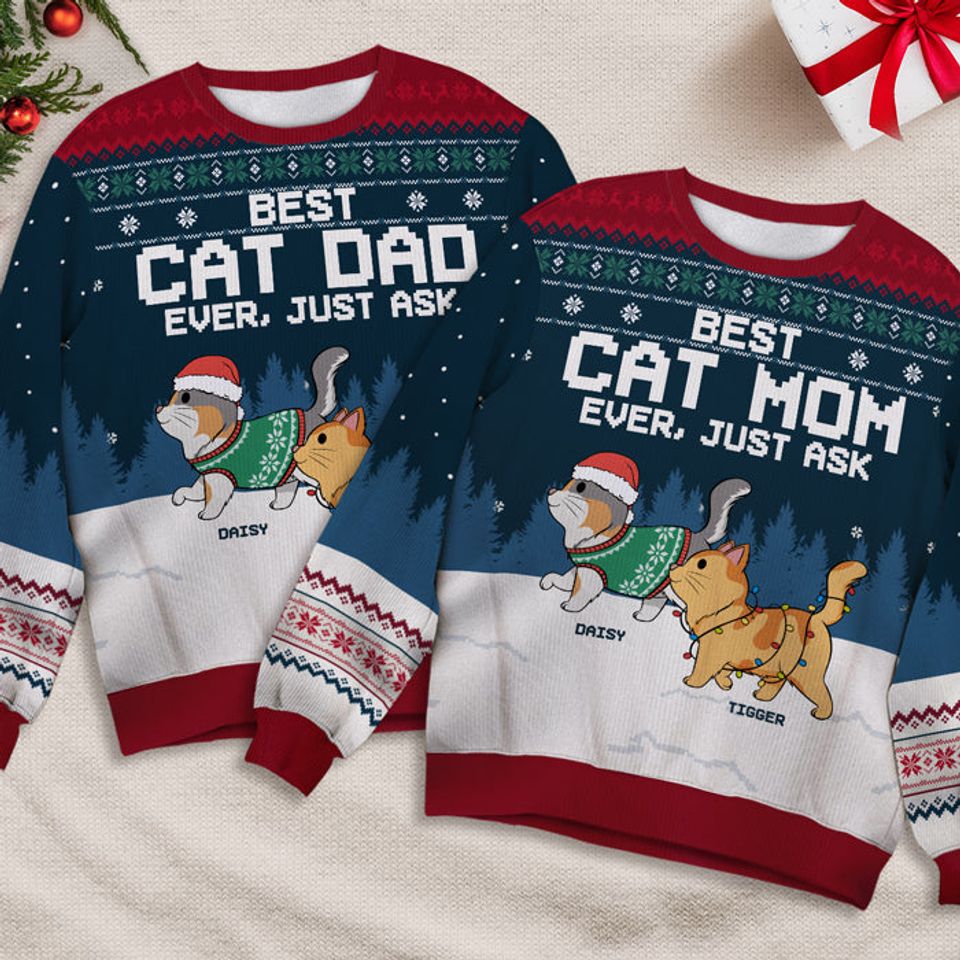 Best Cat Mom Cat Dad Ever - Custom Ugly Sweatshirt - Image 2