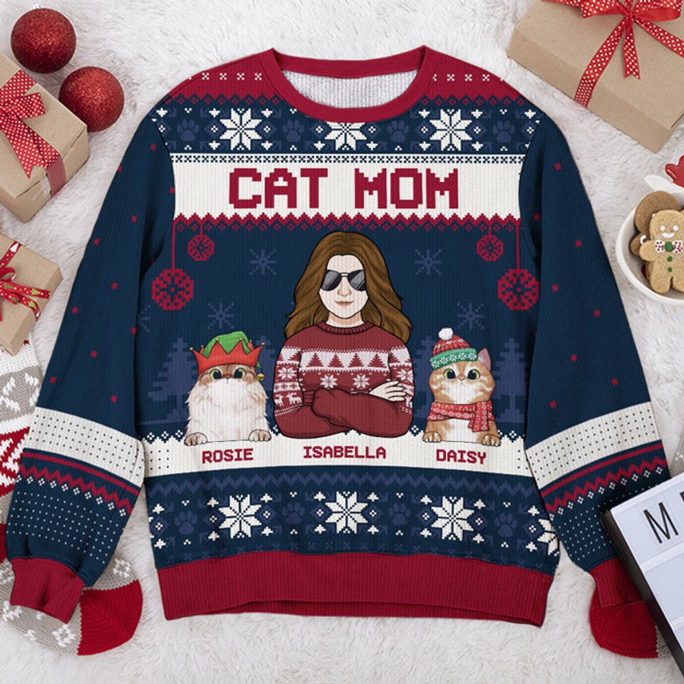 Best Cat Mom Cat Dad Ever Personalized Custom Unisex Ugly Xmas Wool Sweatshirt