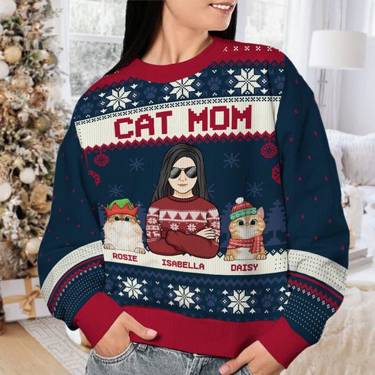 Best Cat Mom Cat Dad Ever Personalized Custom Unisex Ugly Xmas Wool Sweatshirt - Image 6