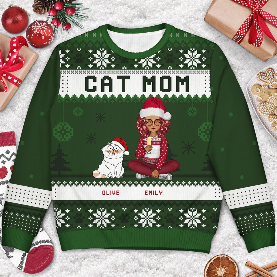 Best Cat Mom Ever Cartoon Style Custom Christmas Cat Lovers Unisex Ugly Sweatshirt - Image 3