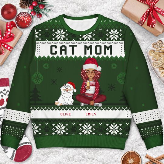 Best Cat Mom Ever Cartoon Style Custom Christmas Cat Lovers Unisex Ugly Sweatshirt - Image 6
