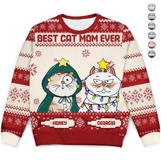Best Cat Mom Ever - Christmas Gift, Gift For Cat Lovers, Cat Mom, Cat Dad, Pet Lovers - Personalized Unisex Ugly Sweater - Image 4