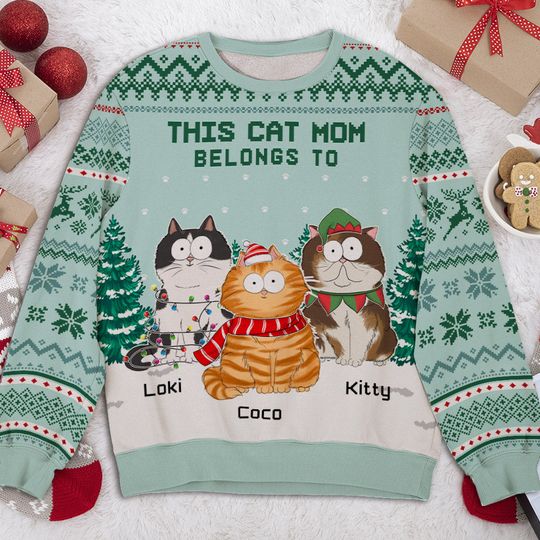 Best Cat Mom Ever Personalized Custom Pet Parent Snowy Christmas Ugly Sweatshirt - Image 6