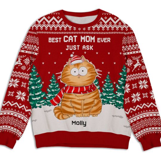 Best Cat Mom Ever Personalized Custom Pet Parent Snowy Christmas Ugly Sweatshirt - Image 4