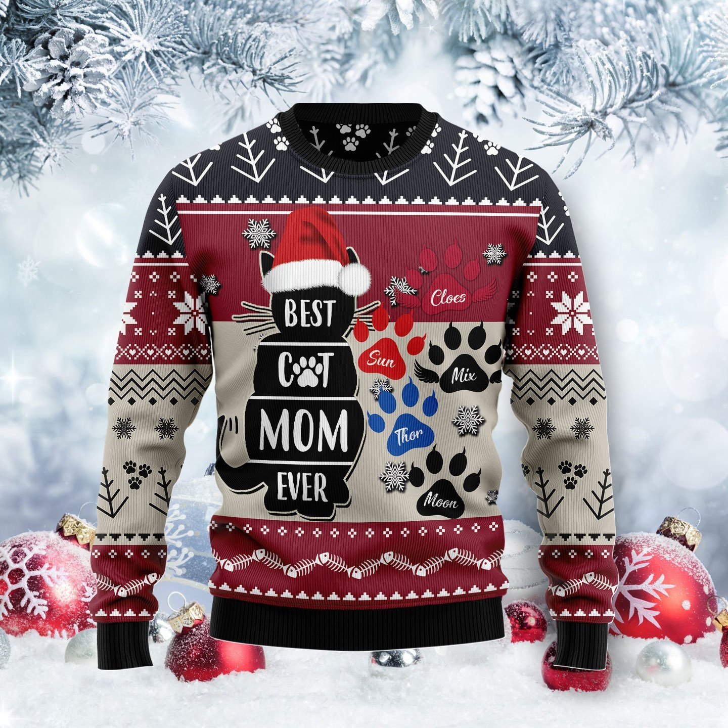 Best Cat Mom Ever Ugly Christmas Sweater Adult 3D Funny Matching for family