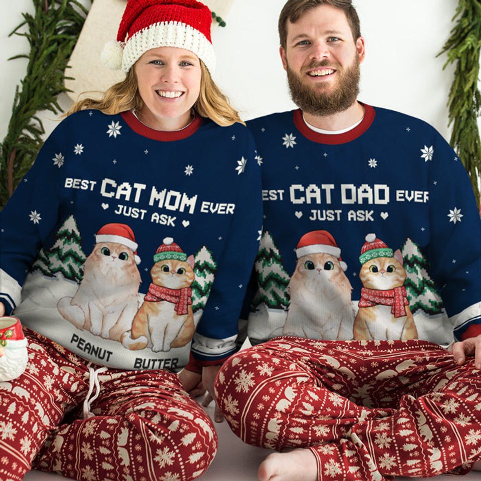 Best Cat Parents Ever - Personalized Unisex Ugly Christmas Sweatshirt - Gift For Cat Lovers, Pet Lovers, Christmas Gift - Image 3