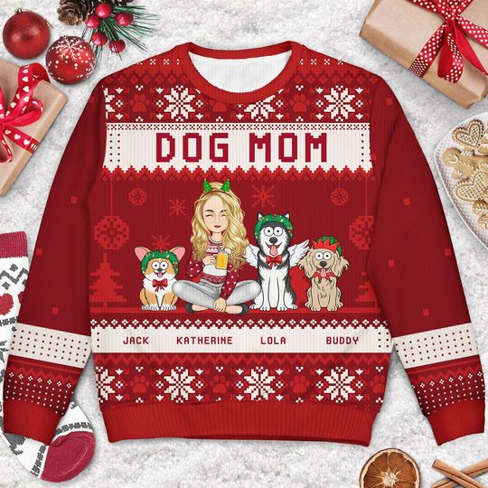 Best Dog Mom Ever Cartoon Style - Christmas Gift For Dog Lovers - Personalized Unisex Ugly Sweater - Image 6