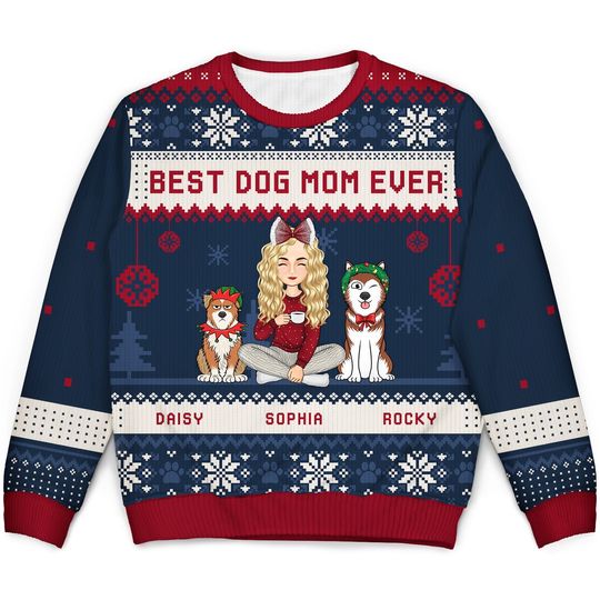 Best Dog Mom Ever Cartoon Style - Christmas Gift For Dog Lovers - Personalized Unisex Ugly Sweater - Image 4