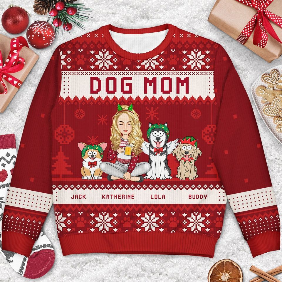 Best Dog Mom Ever Cartoon Style - Christmas Gift For Dog Lovers - Personalized Unisex Ugly Sweater - Image 3