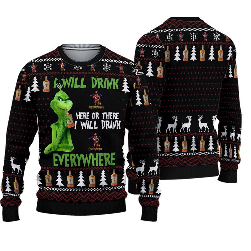 Bg funny character I Will Drink Captain Morgan Everywhere Ugly Christmas Sweater