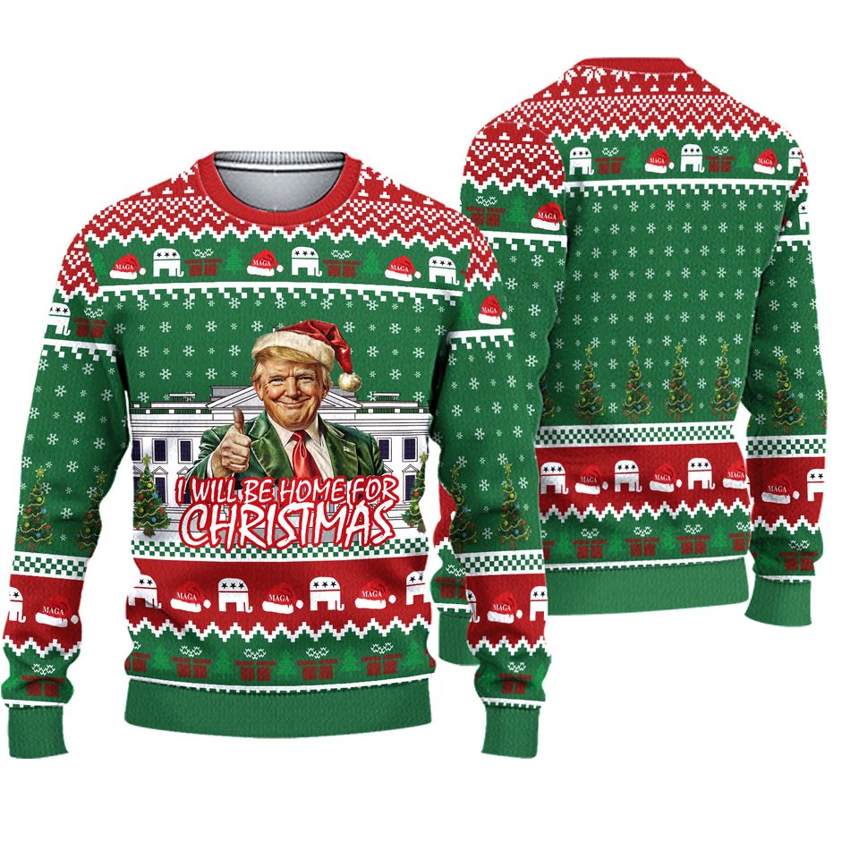 BG Trump I'll Be Home for Christmas Ugly Sweater, Humorous Trump Christmas