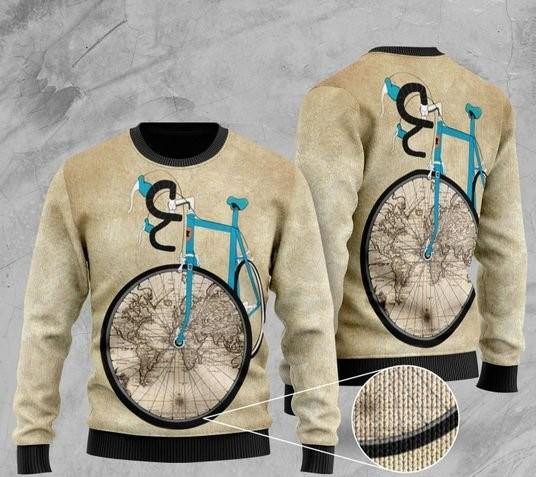 Bicycle And World Map Ugly Christmas Sweater Adult 3D Funny Matching for family