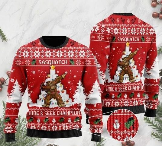 Bigfoot And Toilet Paper Sasquatch Hide And Seek Champion Dabbing Ugly Christmas Sweater Adult 3D Funny Matching for family