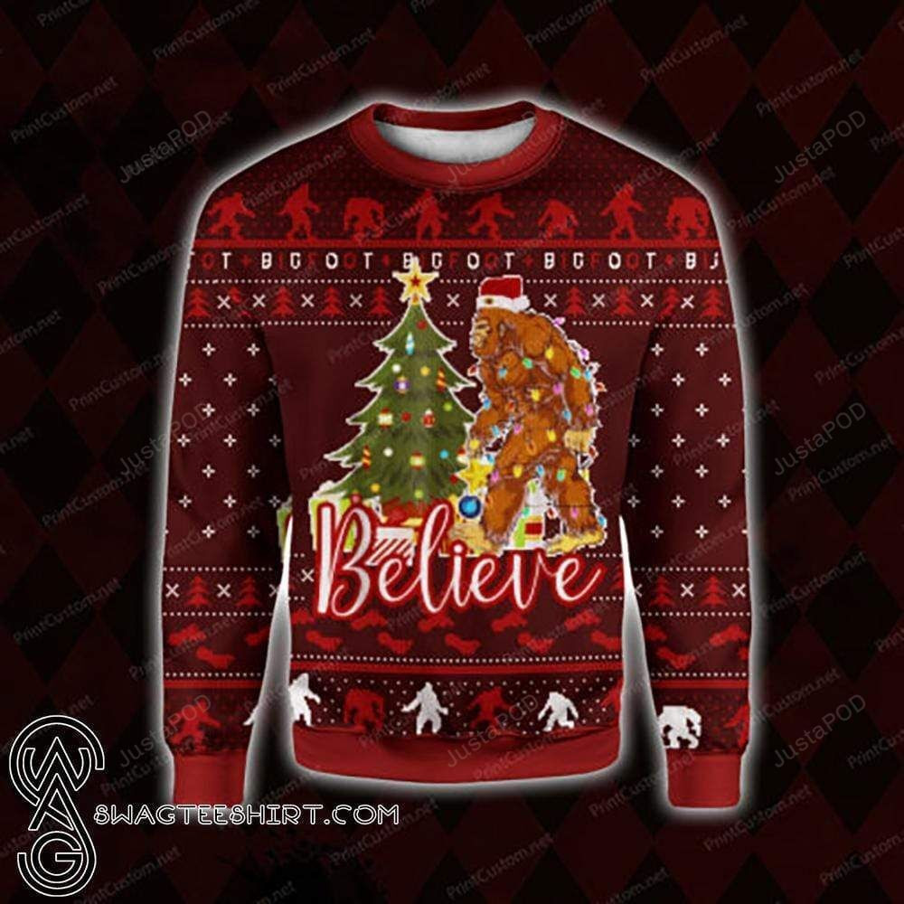 Bigfoot Believe Ugly Christmas Sweater Adult 3D Funny Matching for family