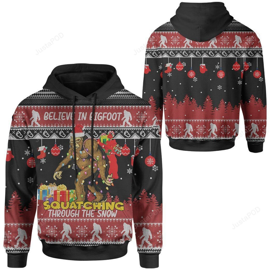 Bigfoot Christmas Believe In Bigfoot Squadching Through The Snow Ugly Christmas Sweater Adult 3D Funny Matching for family