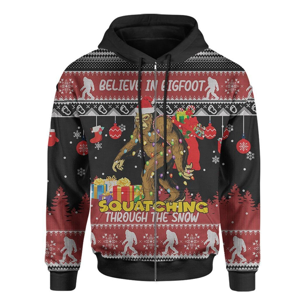 Bigfoot Christmas Believe In Bigfoot Squadching Through The Snow Ugly Christmas Sweater Adult 3D Funny Matching for family - Image 3